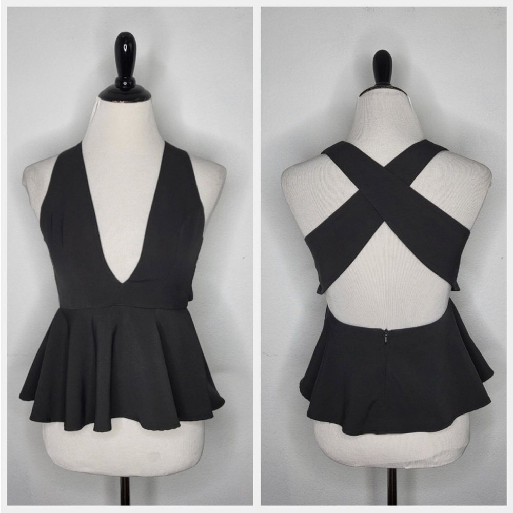 Lovers + Friends Black Peplum Deep V-Neck Plunge Top Crisscross Back Size Small